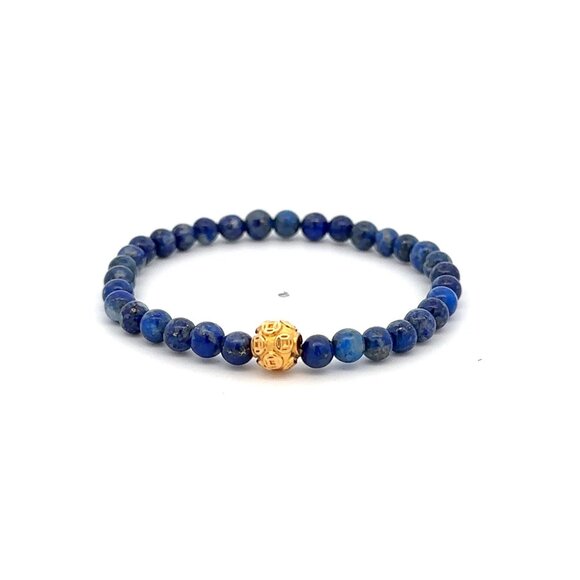 18K Gold Money Coin Ball Lucky Charm Bracelet Mini Gemstone Natural Lapis Lazuli - Picture 1 of 7